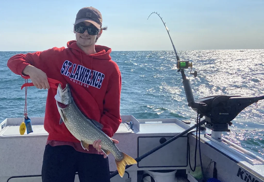 Brightly colored Lake Ontario lake trout caught trolling deep water