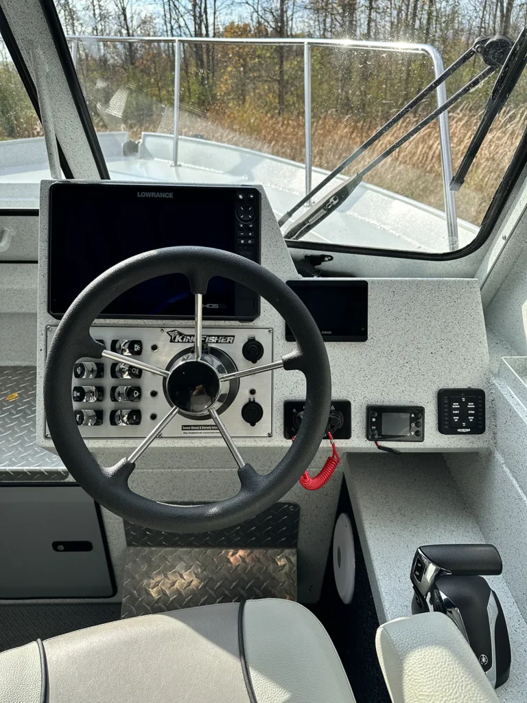 View from helm of KingFisher 2425 Escape with marine electronics and controls