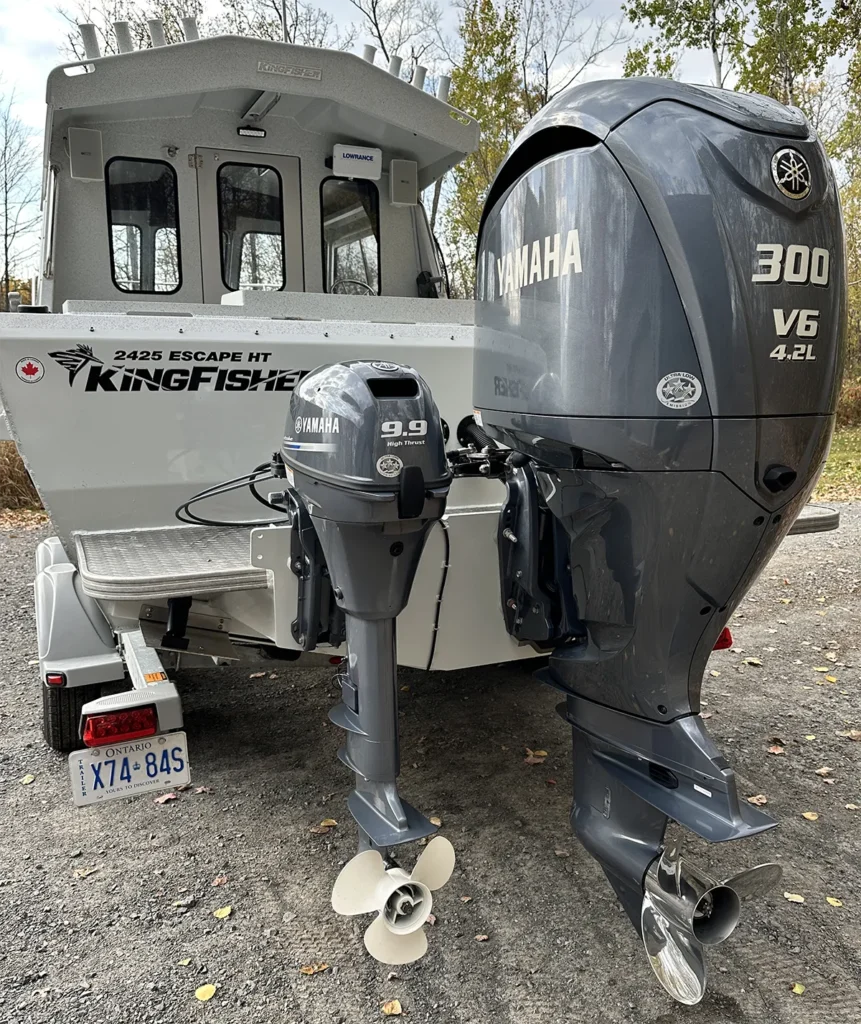 Yamaha 300 outboard and 9.9 kicker motor on Dún Mara charter boat.
