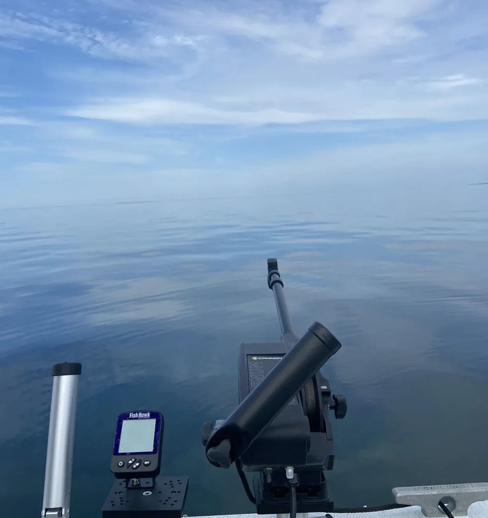 Fish Hawk temperature probe and Cannon downrigger ready for trolling on Lake Ontario.