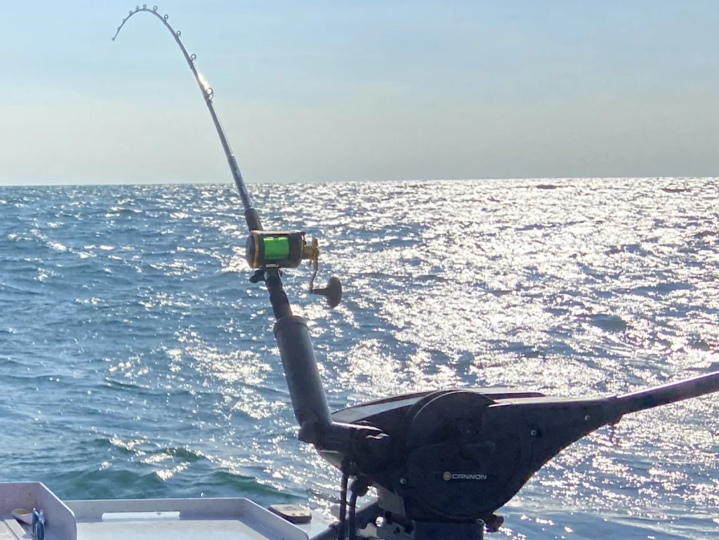 Charter boat trolling rod loaded and clipped to downrigger